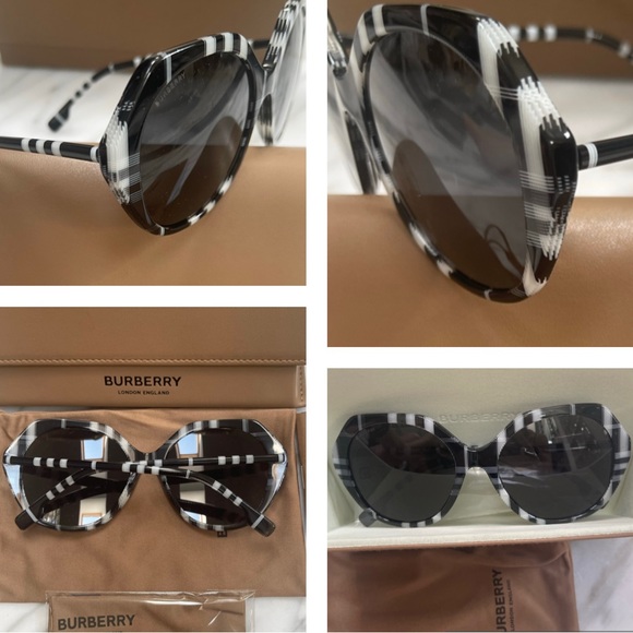 BURBERRY OVERSIZED BLACK AND WHITE CHECK PATTERN SUNGLASSES - Picture 6 of 16